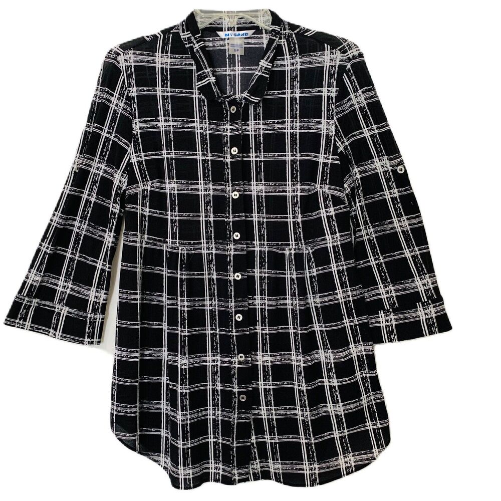Nygard Tunic Women Small Black White Plaid Collared Dark Academia Silky Fitted